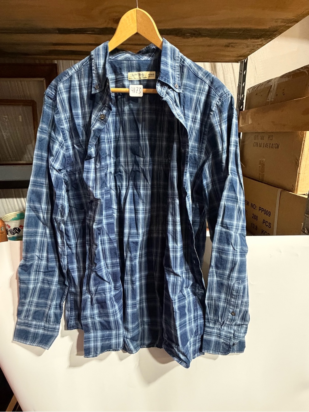 #4173-Faded Glory Blue Plaid Casual Button-Down Shirt